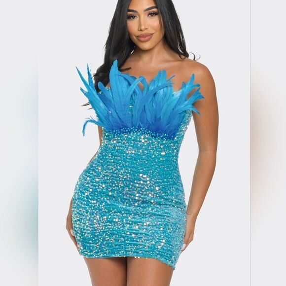 Feather & Pearl Sequin Aqua Mini Dress - Picture 1 of 6
